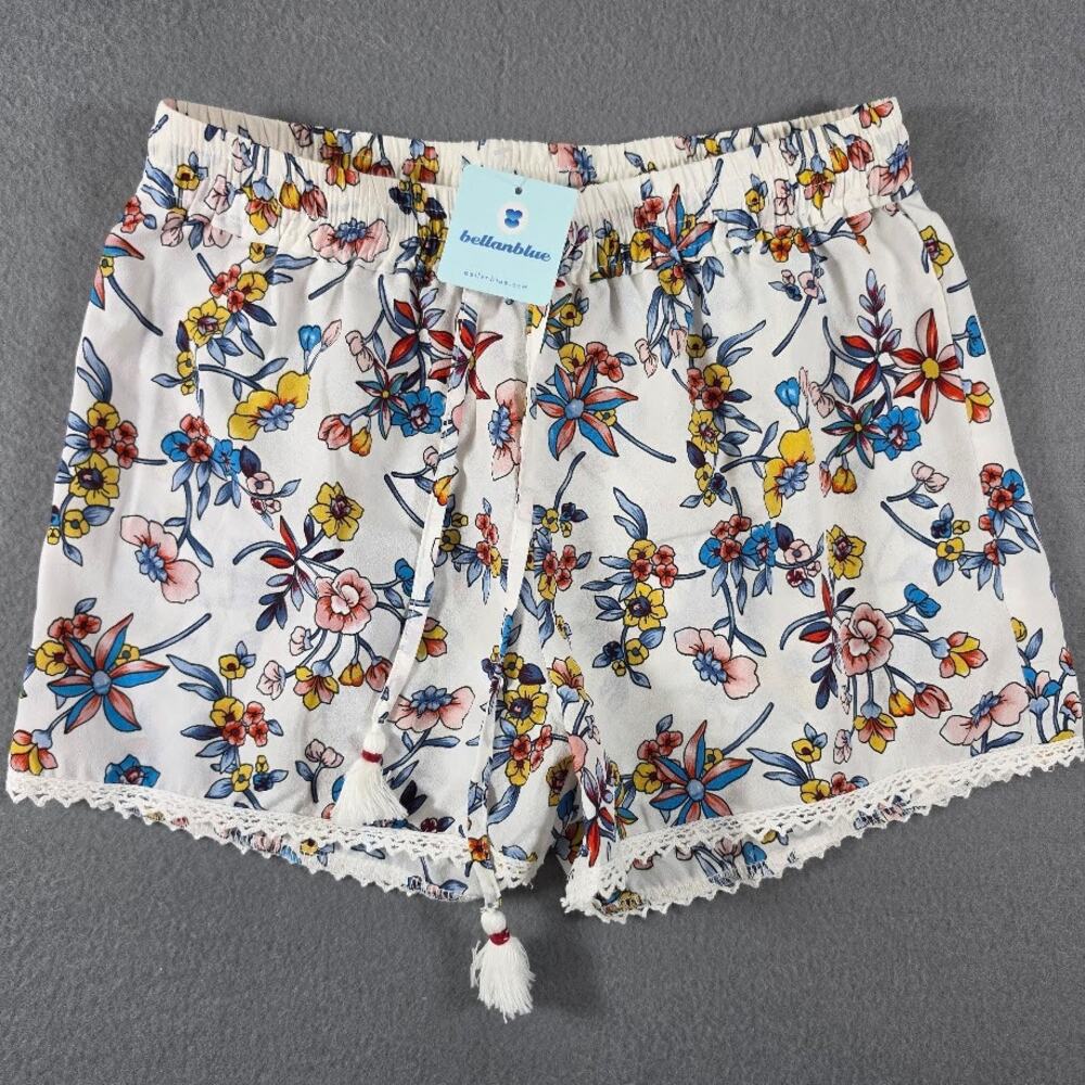 NWT POL Clothing Floral Crochet Lace Trim Tassel Shorts Ivory Blue Yellow Small